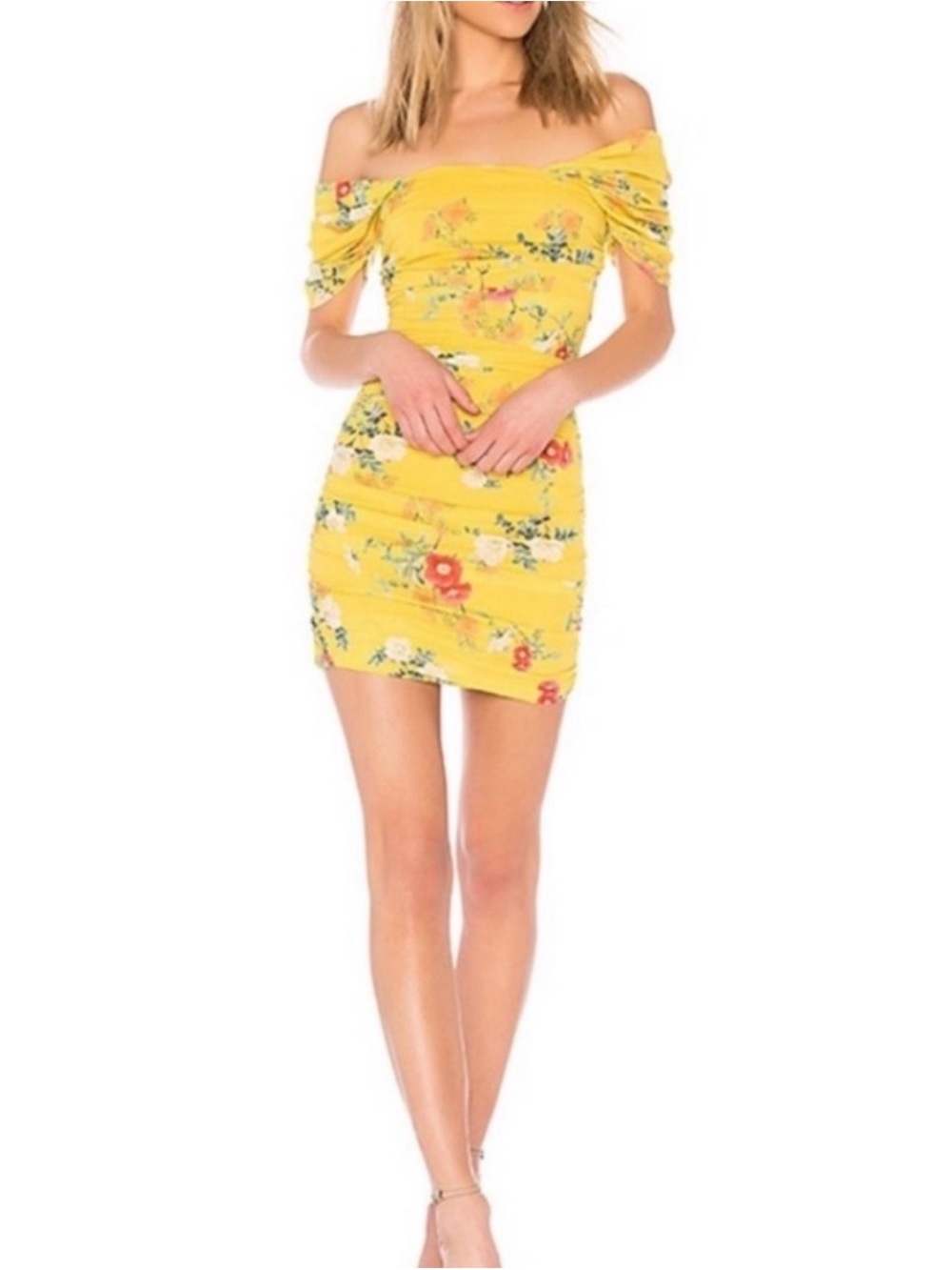 NWT Lovers +‎ Friends Joss Yellow Floral Ruched Off Shoulder Mini Dress XS
